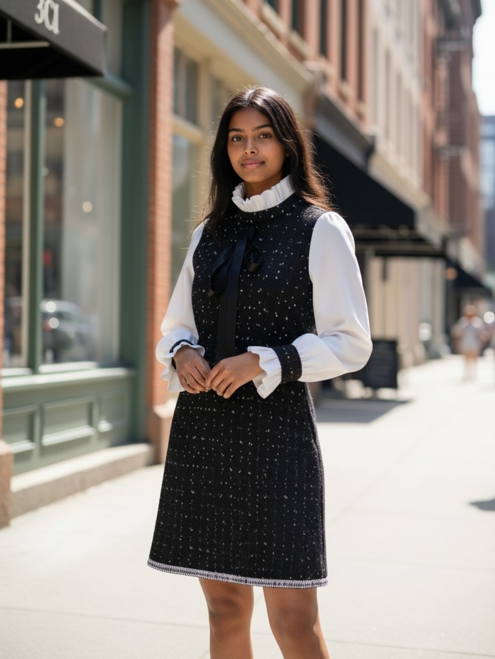 Classic Black Tweed Shift Dress with White Bow